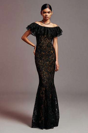Black Lace Mermaid Off the Shoulder Long Formal Dress with Ruffles